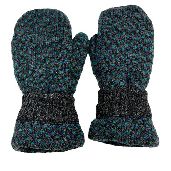 Fleece lined wool mittens, gray/ aquamarine blue combination winter mittens M/L - Picture 2 of 10